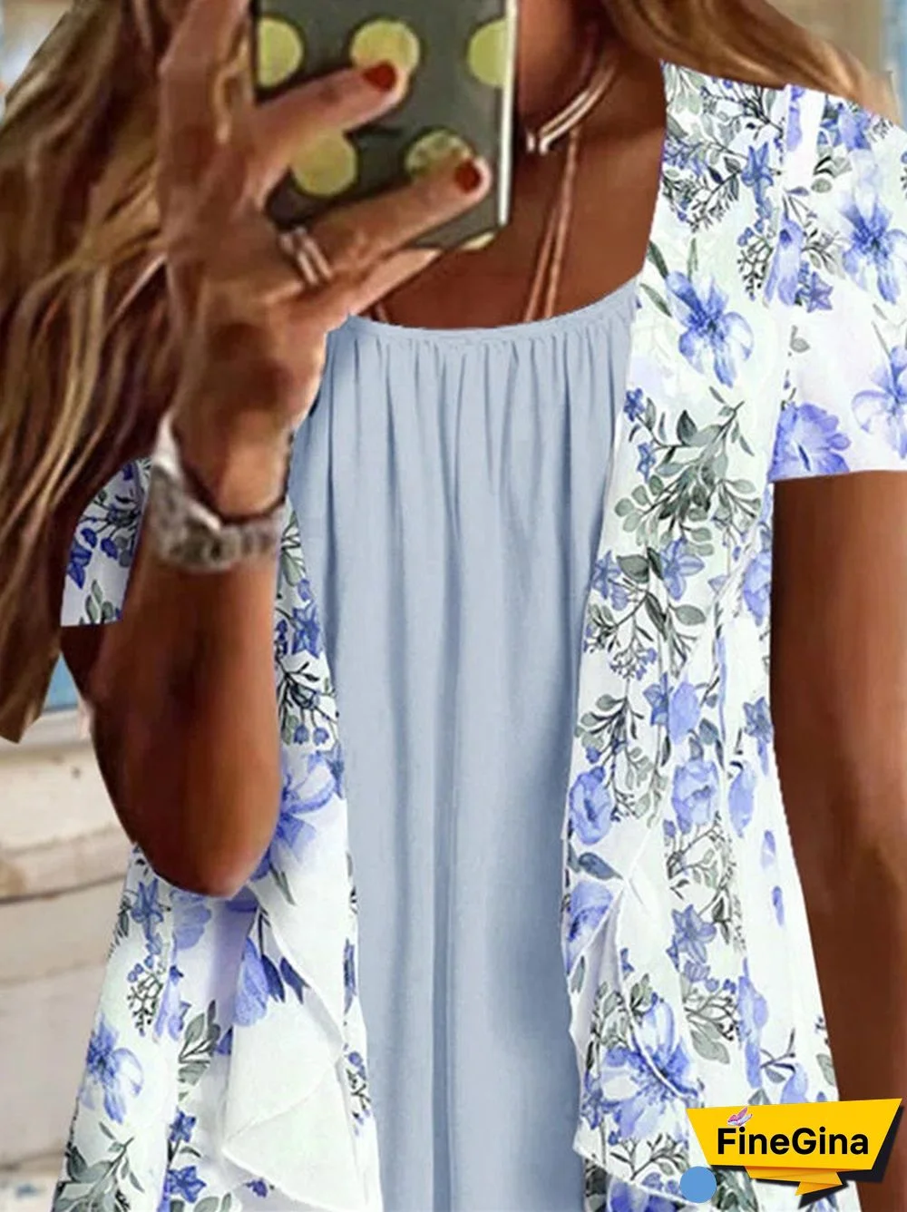 Women Short Sleeve U-neck Floral Printed Top