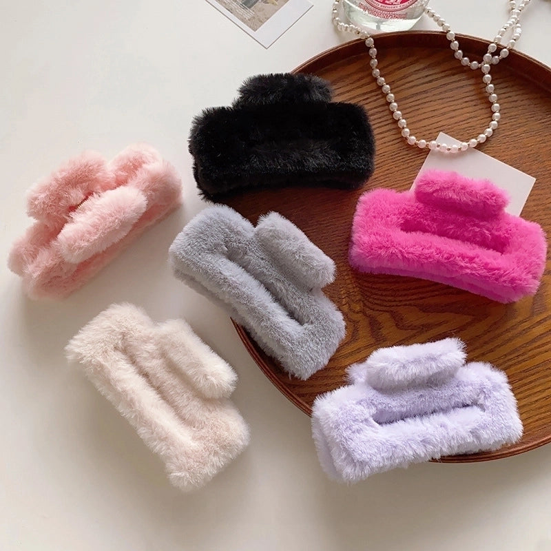 Colorful Large Plush Rectangular Hair Clip Female Back Head Updo Clip Gentle Temperament Shark Clip Hairpin Headdress