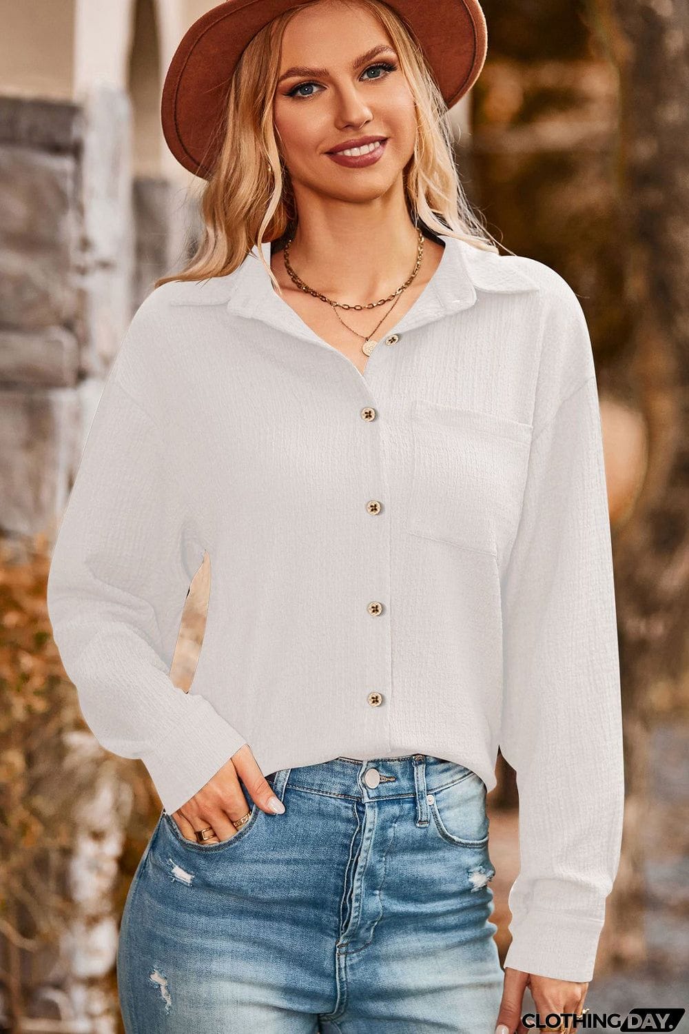 Twisted Collared Neck Long Sleeve Shirt