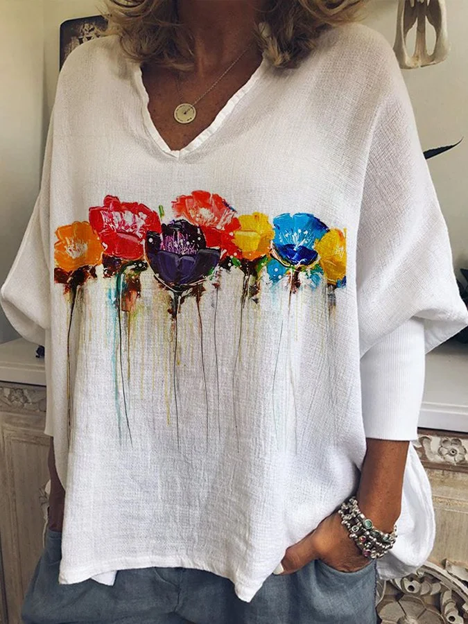 Women's Flower Oil Painting Printed Long Sleeved Shirt