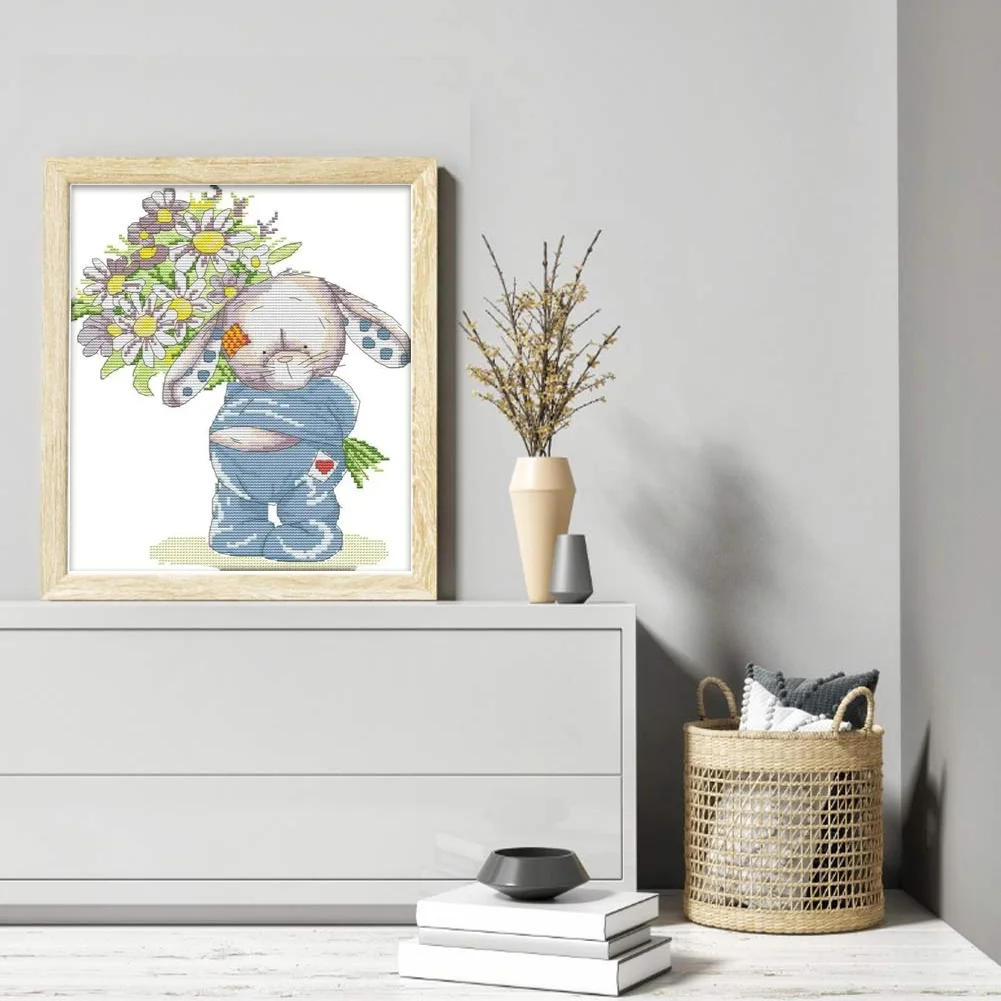 DIY Stamped Cross Stitch 14CT Partial Embroidery 28*32cm - Bunny Presents Flowers