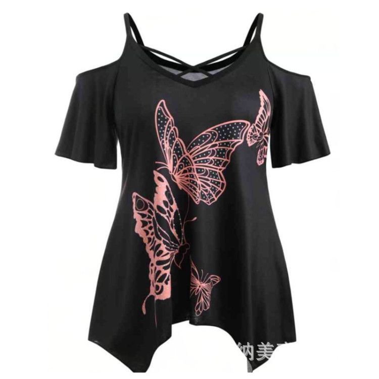 Women's V-neck Butterfly Print T-shirt