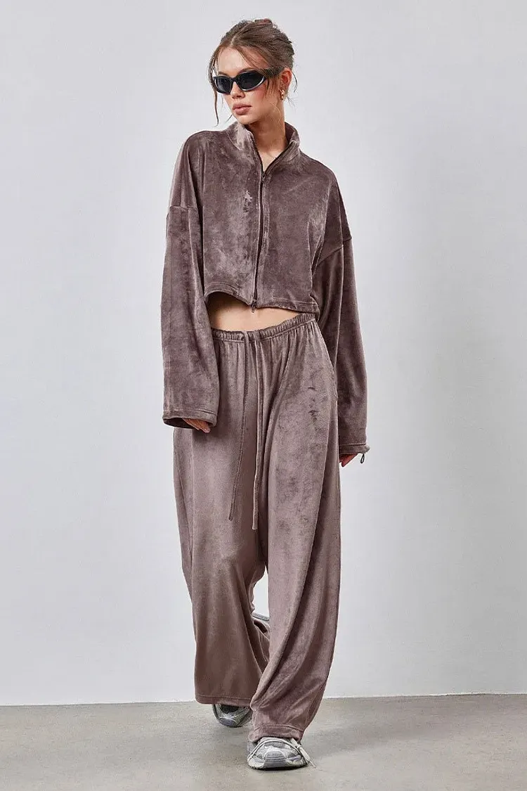 Vintage Drawstring Crop Top and Wide Leg Pants Two Piece Set
