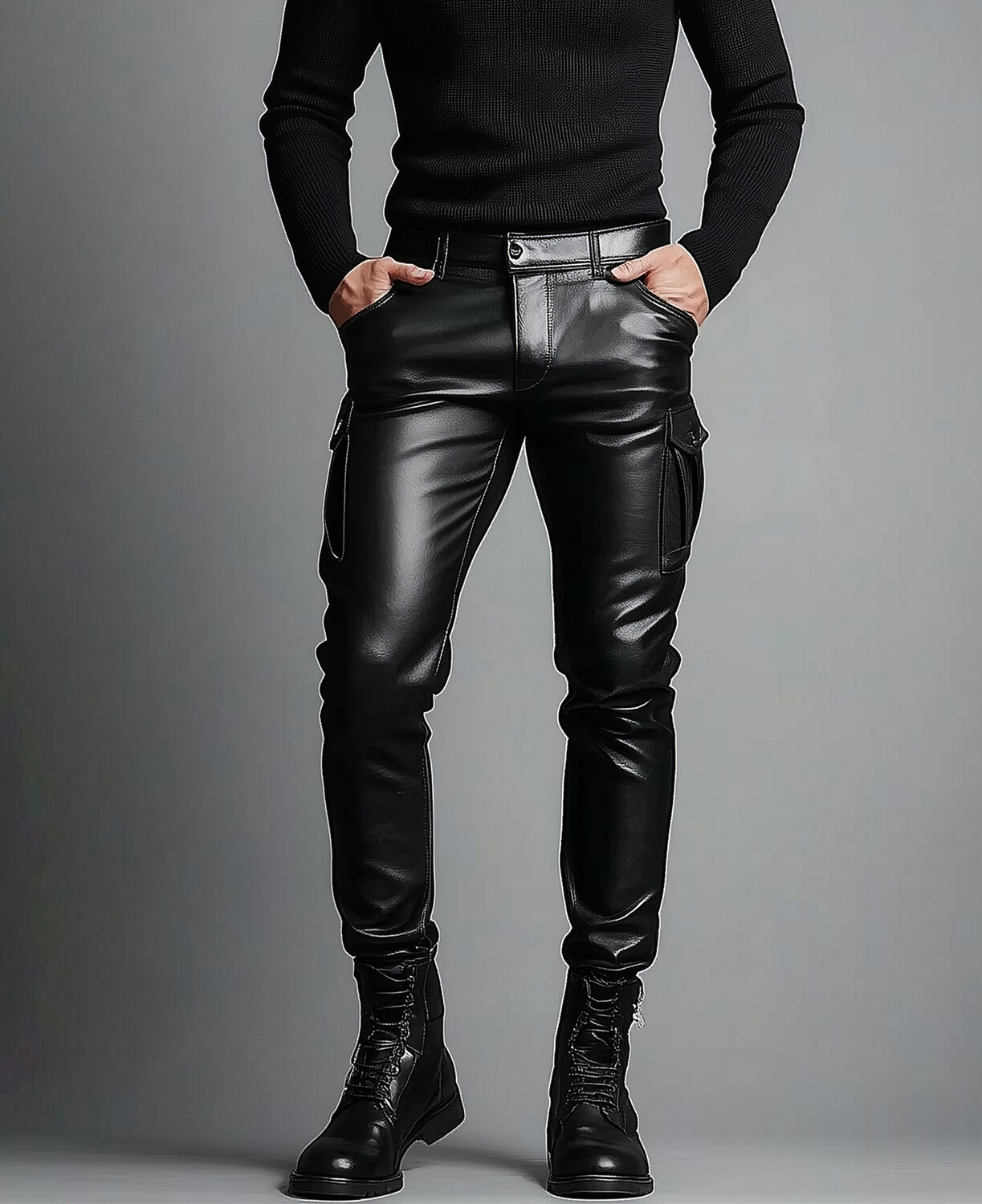 Okaywear Casual PU Leather Pocket Slim Fit Pants