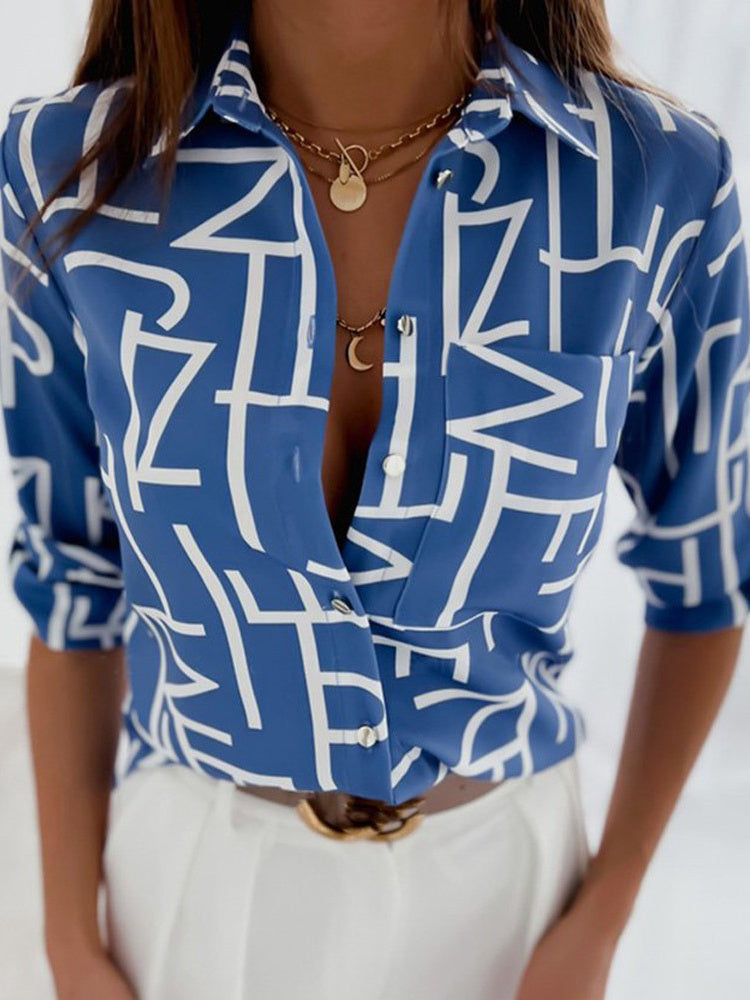 Women Long Sleeve V-neck Graphic Floral Printed Top