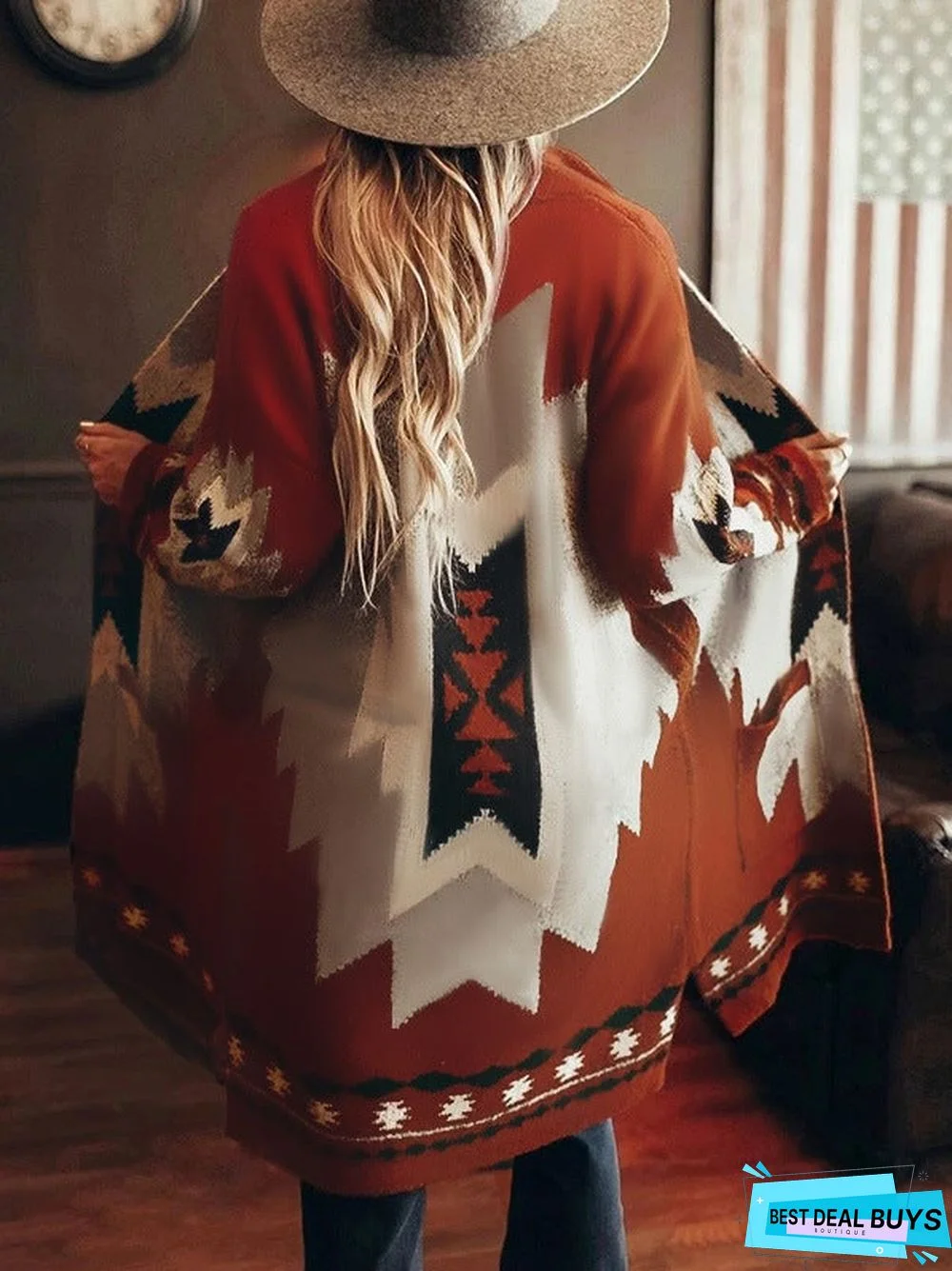 Long Sleeve Printed Cardigan Coat Woolen Coat For Autumn and Winter