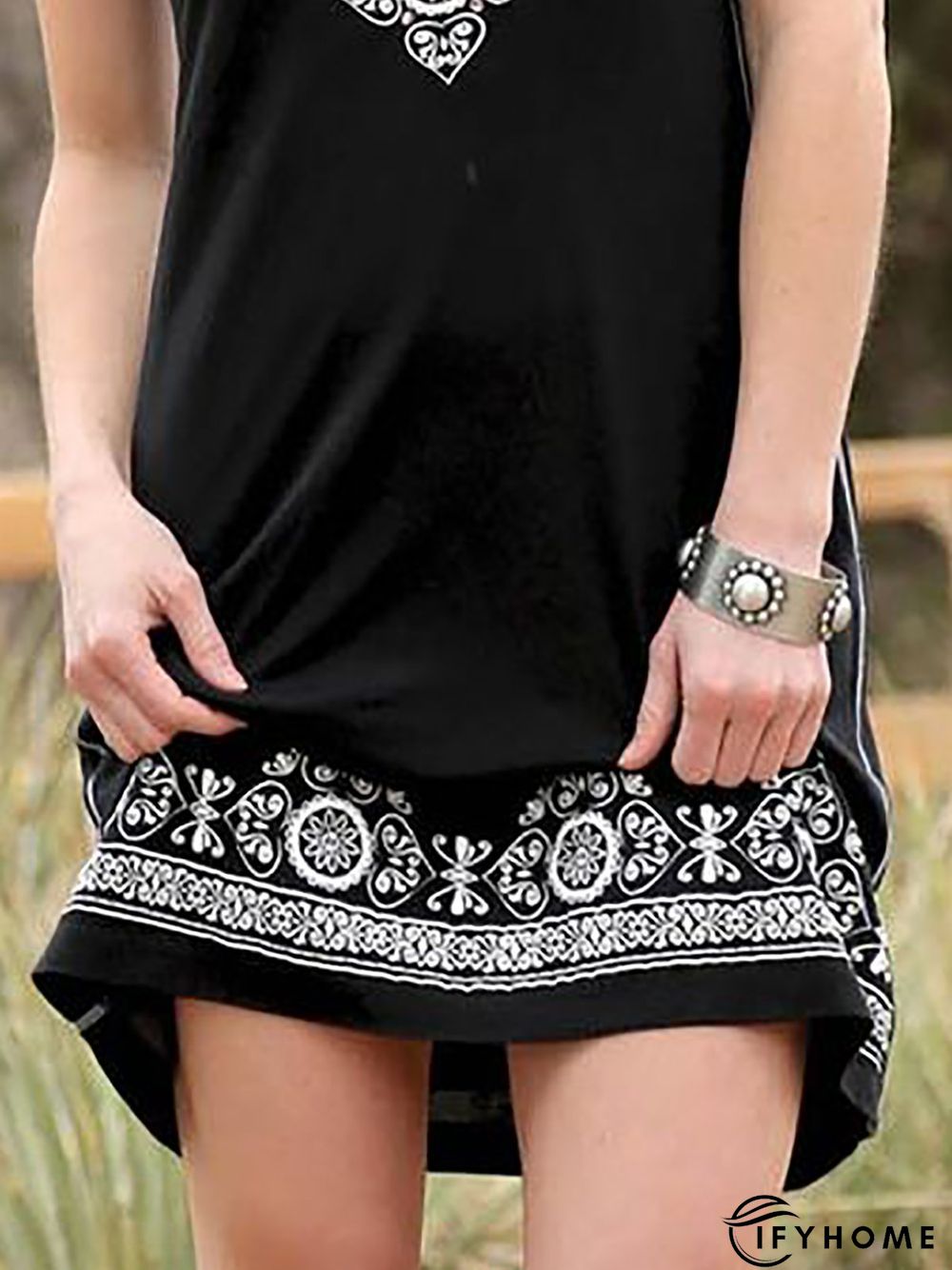 V Neck Casual Cotton-Blend Printed Weaving Dress | IFYHOME