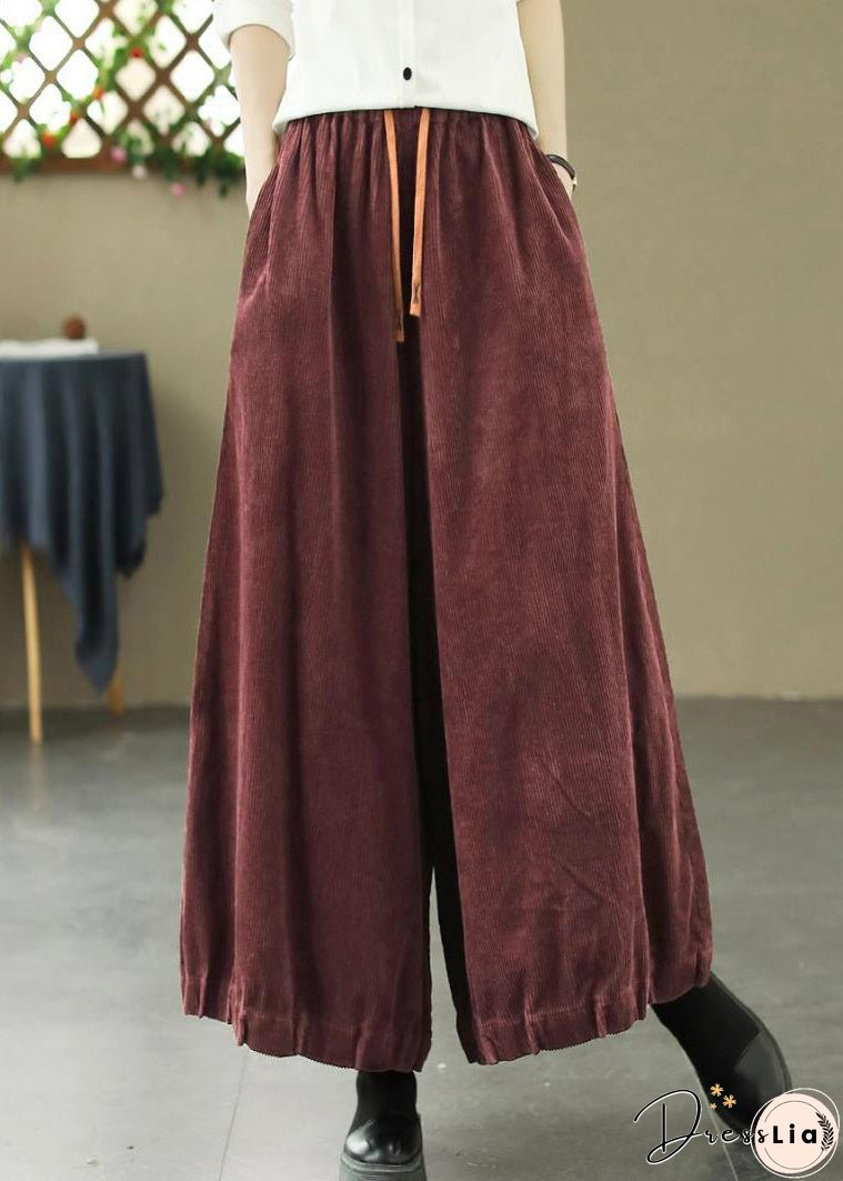 Loose Wine Red Pockets Elastic Waist Corduroy Pants Spring