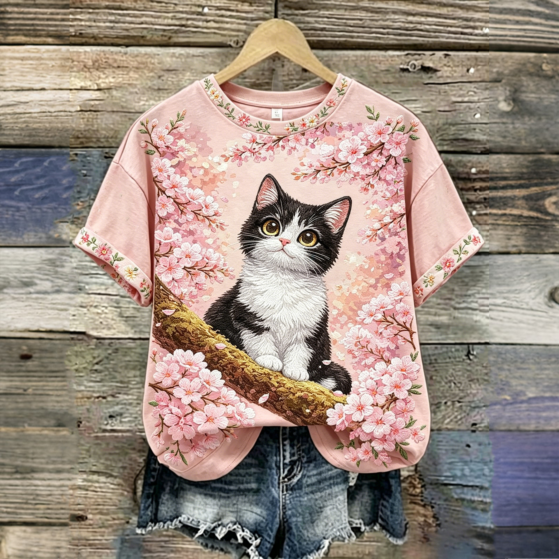 Comstylish Women's Retro Japanese Cherry Blossom And Sleeping Cat Embroidered Casual T-shirt