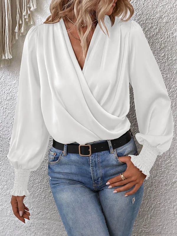 Solid Color Elasticity Loose Long Sleeves V-Neck Blouses&Shirts Tops