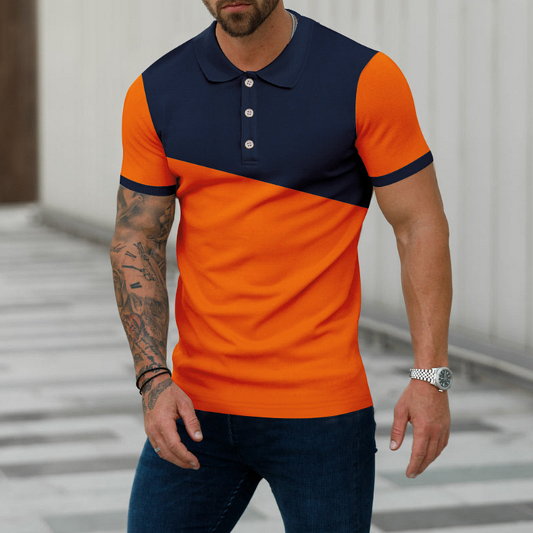 BrosWear Men's Contrast Patchwork Casual Short Sleeve Polo Shirt
