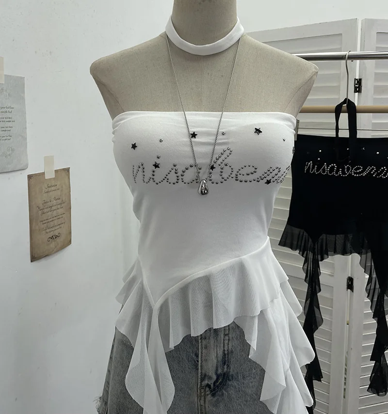 Nigikala Nigikala Shooting Hottie Letter Hot Diamond With Chest Pads To Wear Chest Vest Irregular Mesh Ribbon Hanging Neck Sleeveless Top 2729