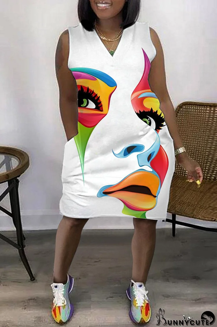 White Orange Fashion Casual Print Patchwork V Neck Sleeveless Plus Size Dress