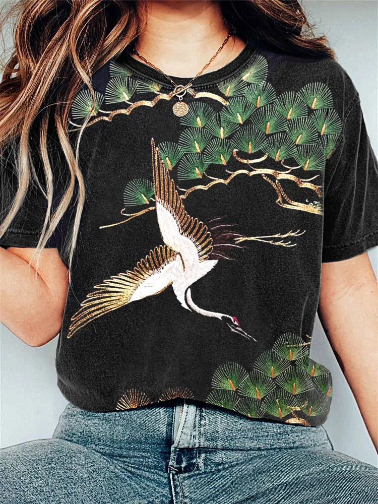 VChics Pine Tree & Crane Japanese Art Print Cotton T-Shirt