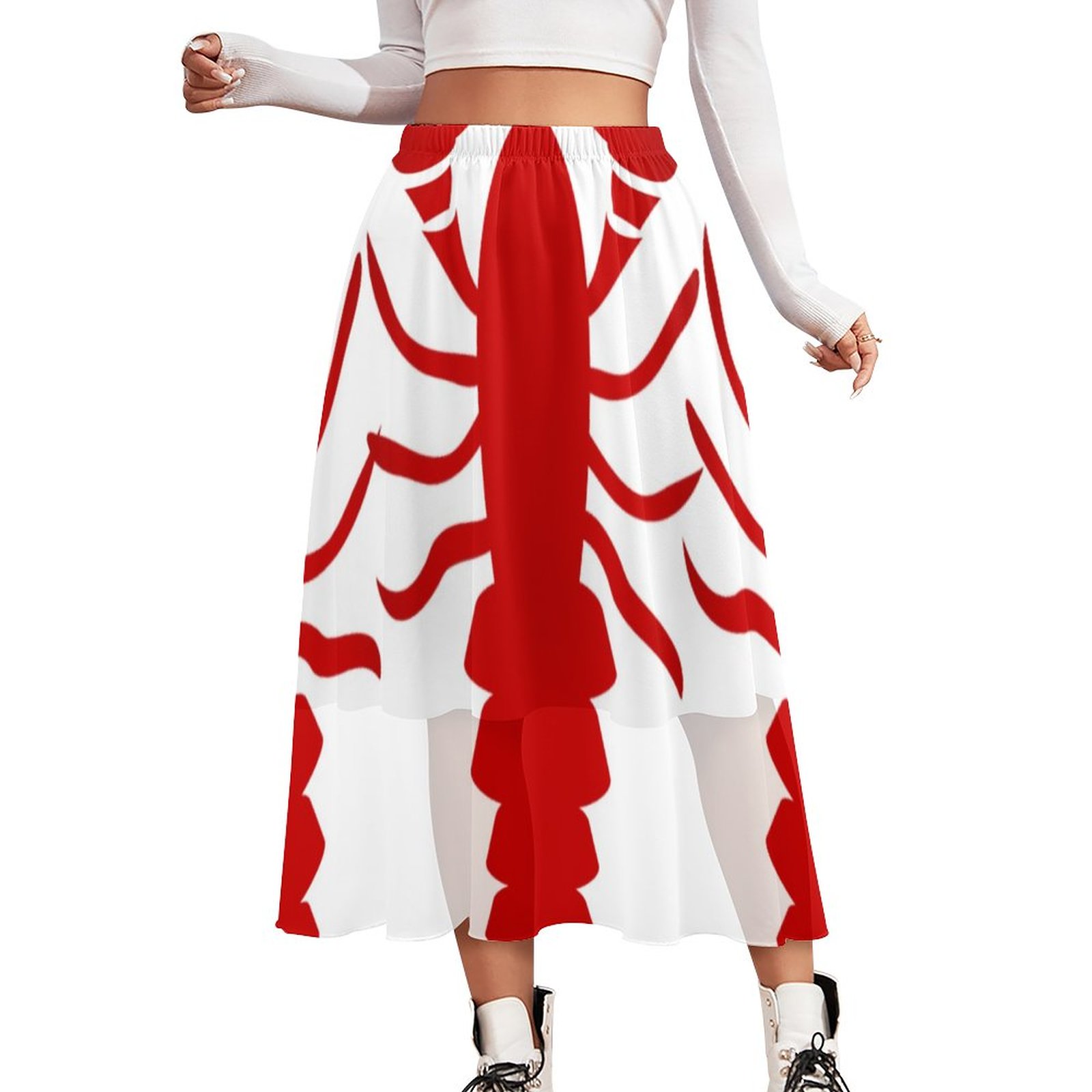 Whole Lobster Double-Layered High Waist Midi Chiffon Skirt