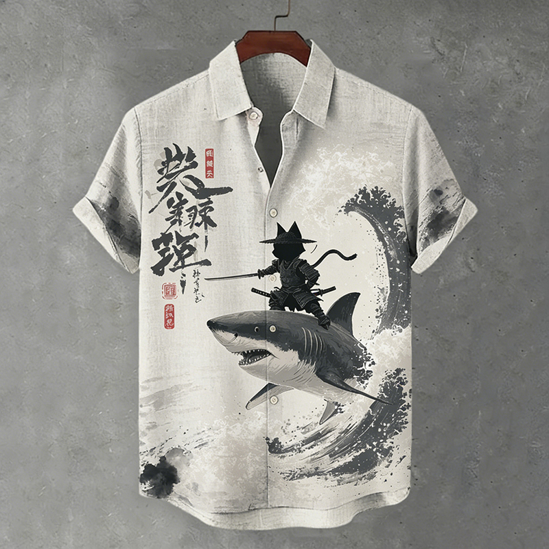 Men's Japanese Cat And Shark Print Short-sleeved Shirt elevenforest