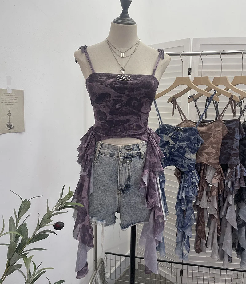 Uveng Real Shooting 2024 New Niche Babes Print Sling Vest Hem With Lotus Leaf Edge Sleeveless Top 6663