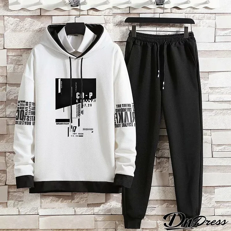 Men Casual Long Sleeve Hat Rope Letter Printed Hoodie And Drawstring Waist Jogger Pants Two-piece Set