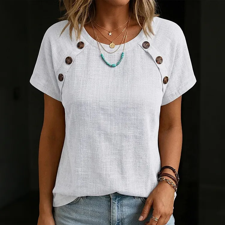 Casual Button-design Cotton And Linen T-shirt