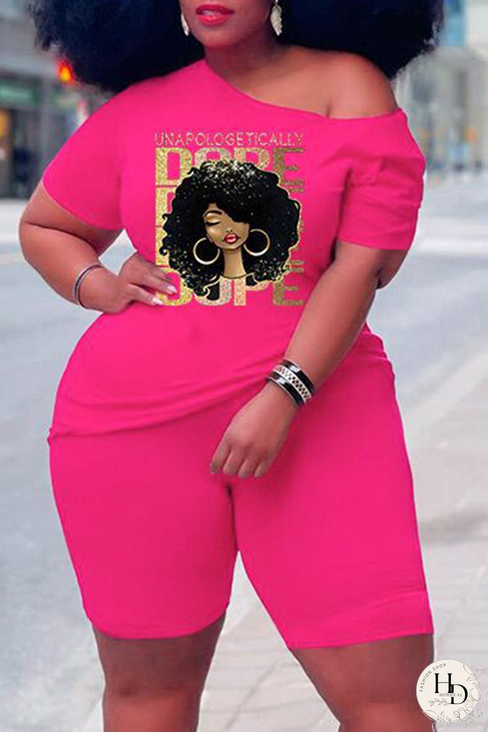 Rose Red Casual Print Basic Oblique Collar Short Sleeve Two Pieces