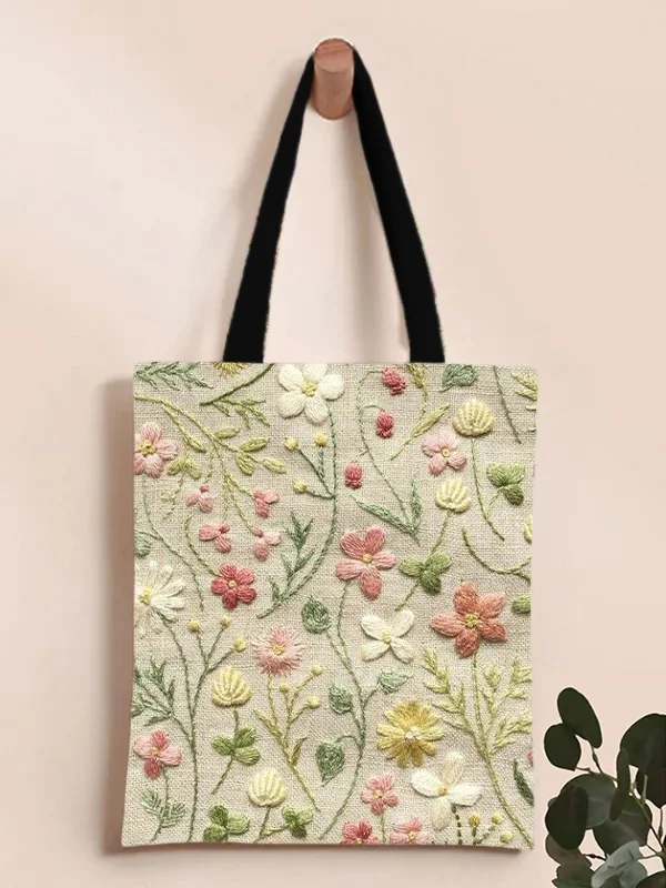 Women's Floral Embroidery Art Print Casual Shoulder Tote Bag