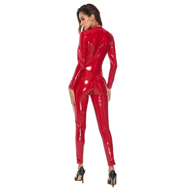 Uaang Sexy Lingerie Hot Women Faux Leather Catsuit Pvc Latex Bodysuit Front Zipper Open Crotch