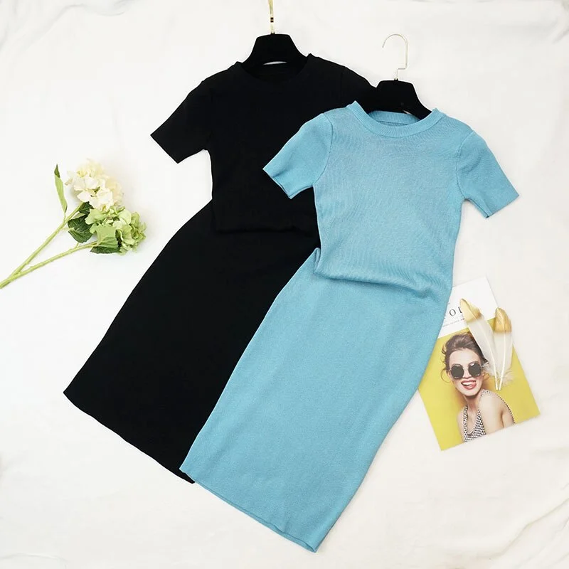 FTLZZ New Women Stretch Knitted Midi Dress Summer Spring Lady Casual O-neck Slim Knitting Bodycon Dresses Vintage Vestidos
