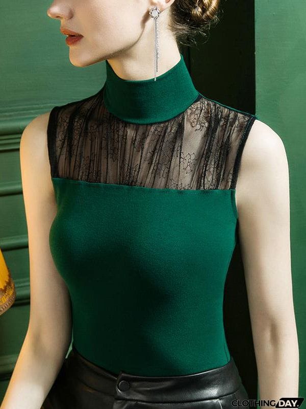 Stylish Selection Skinny Sleeveless Mesh Split-Joint Half Turtleneck Vest Top