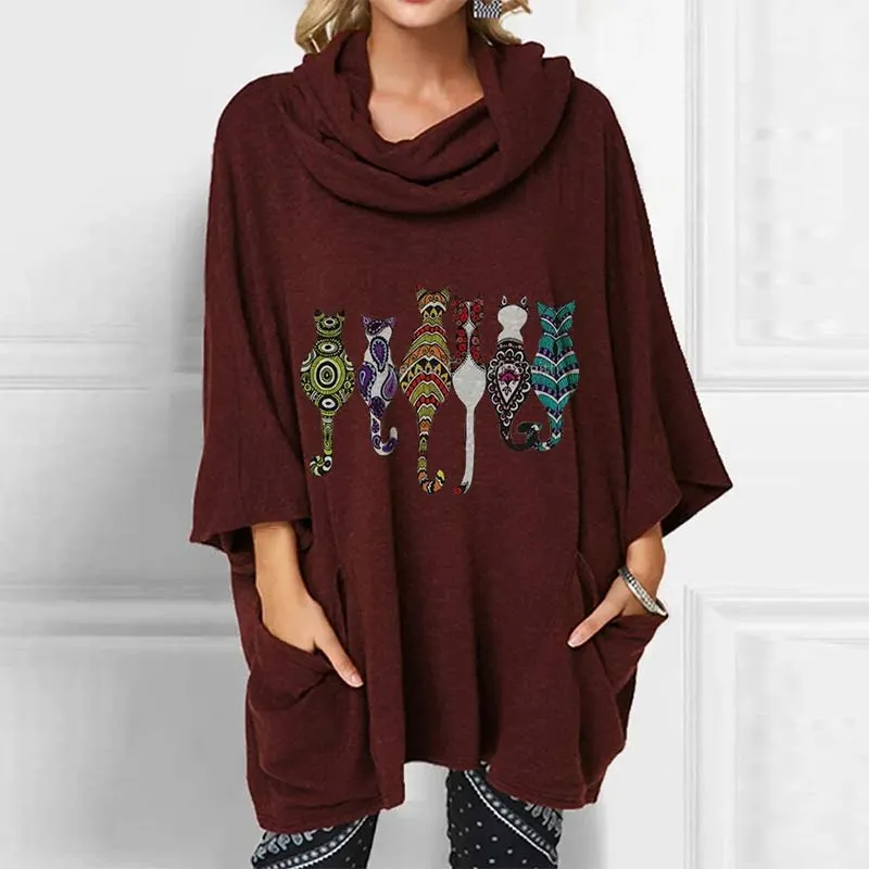 Cartoon Kitty Print Pocket Loose Shirt