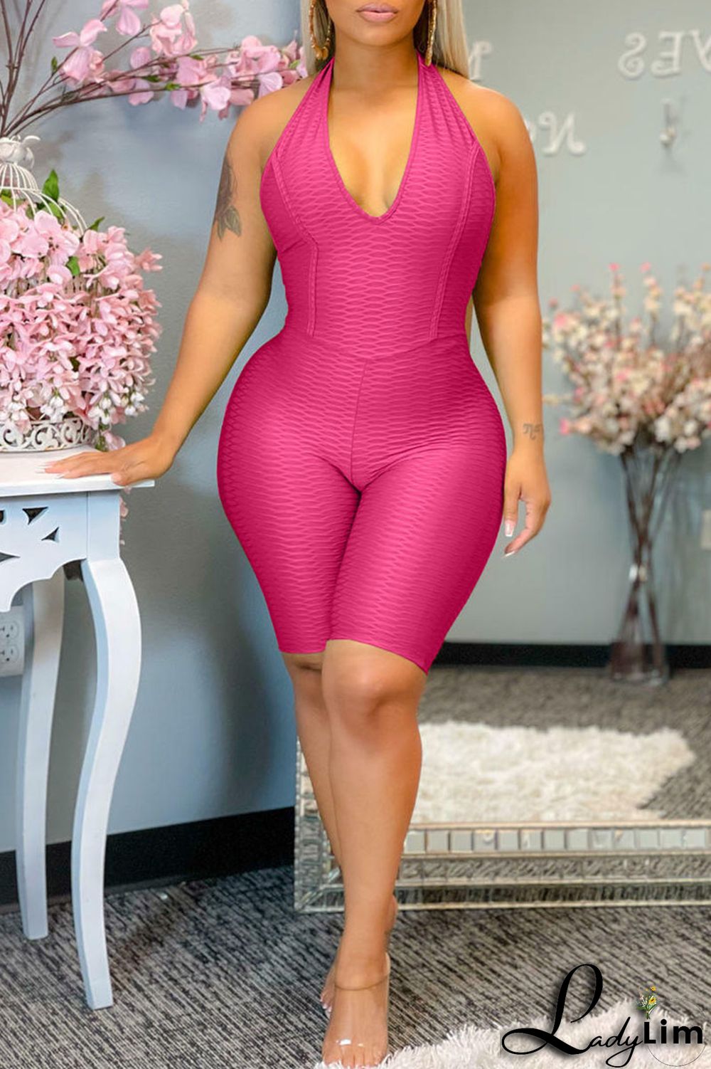 Tibetan Blue Sexy Solid Split Joint Backless Halter Regular Jumpsuits