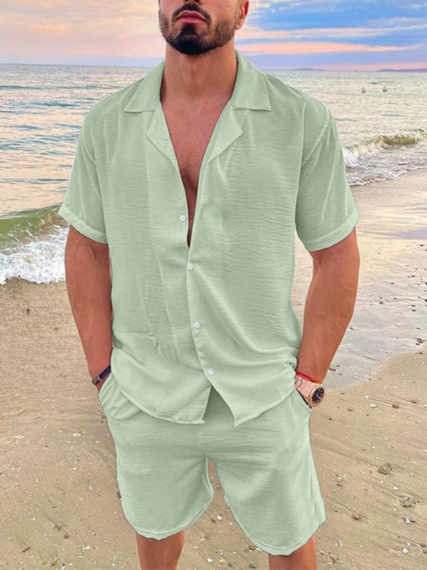 Mature Men's Summer Lapel Cotton Linen Solid Color Short Sleeve Shorts Suits Set