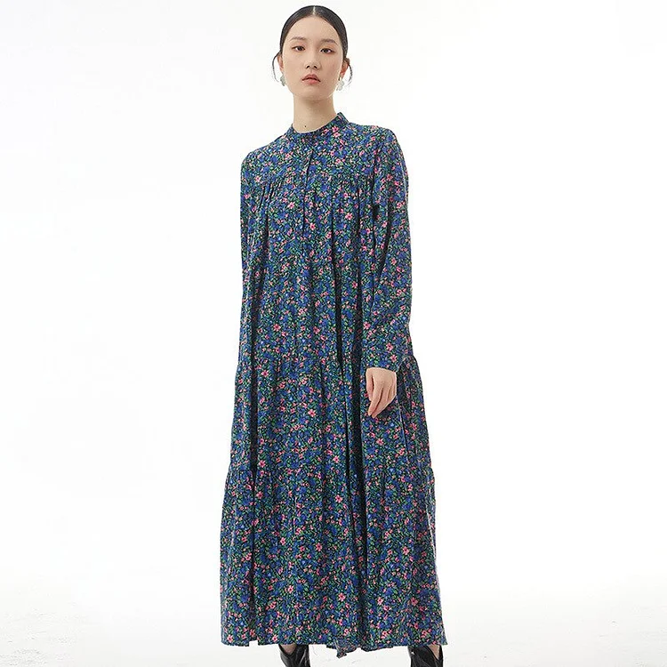 Vintage Half Stand Collar Floral Printed Folds Long Sleeve Dress            