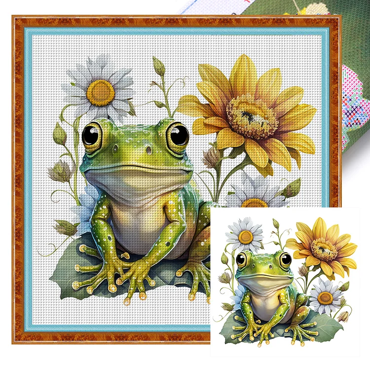 Flowers And Frogs - Printed Cross Stitch 18CT 25*25CM