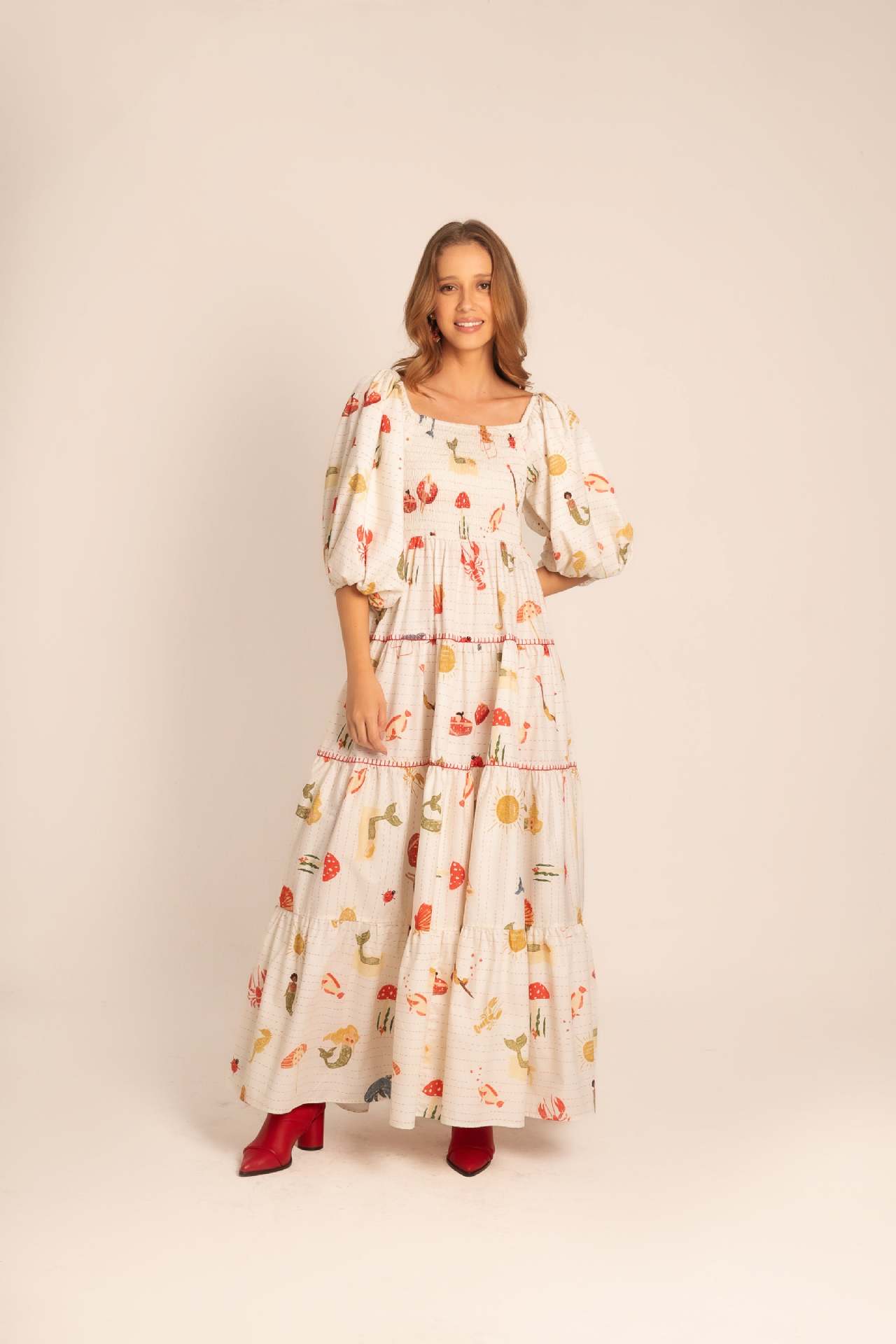 Mature Women Summer Puff Sleeve Printed Square Collar Swing Long Dress Beach Holiday Dress