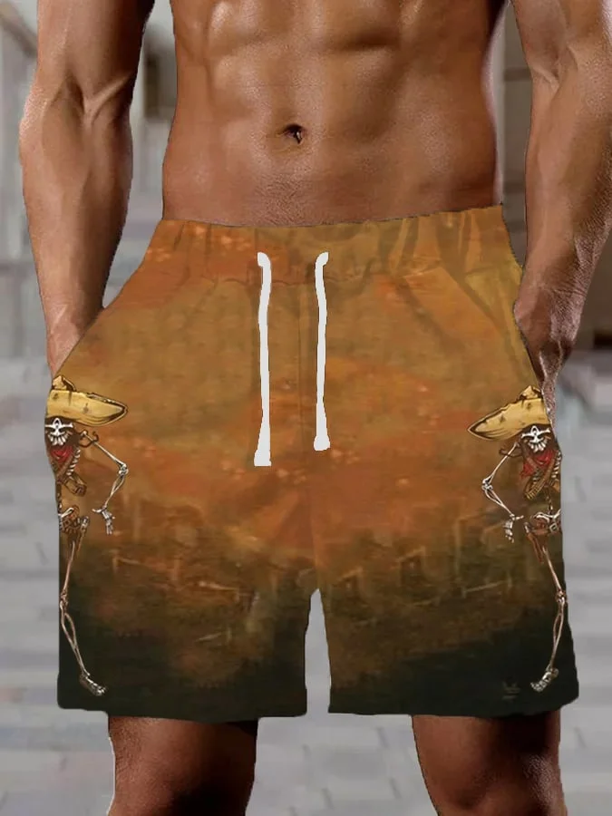 Woven Men's Retro Western Art Print Casual Shorts