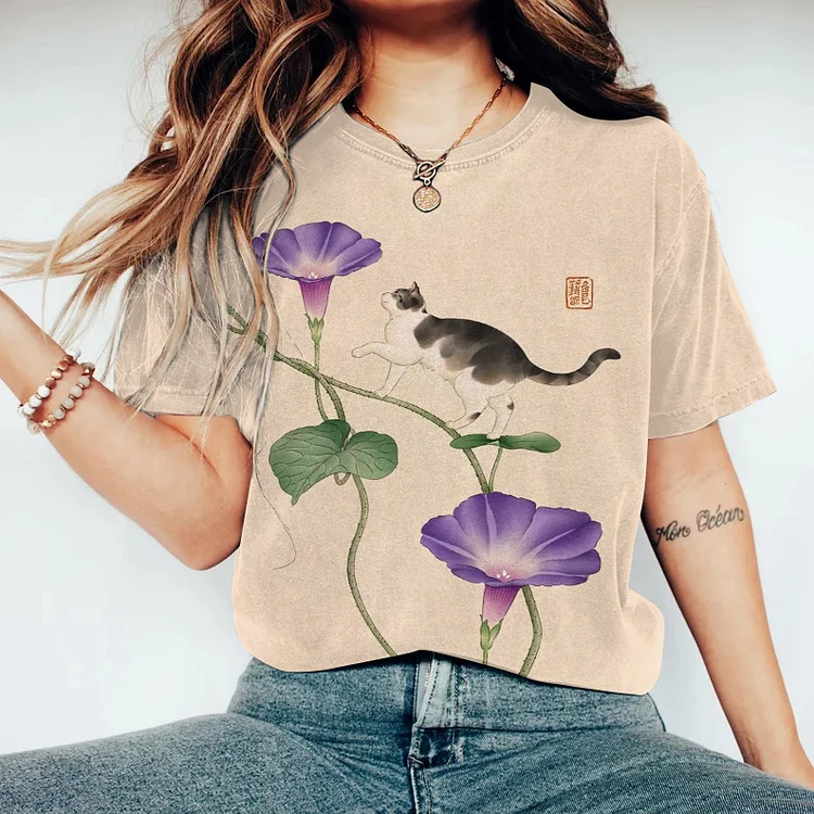 Japanese Art Cat Walking On Flowers Painting Print Crew Neck T-Shirt