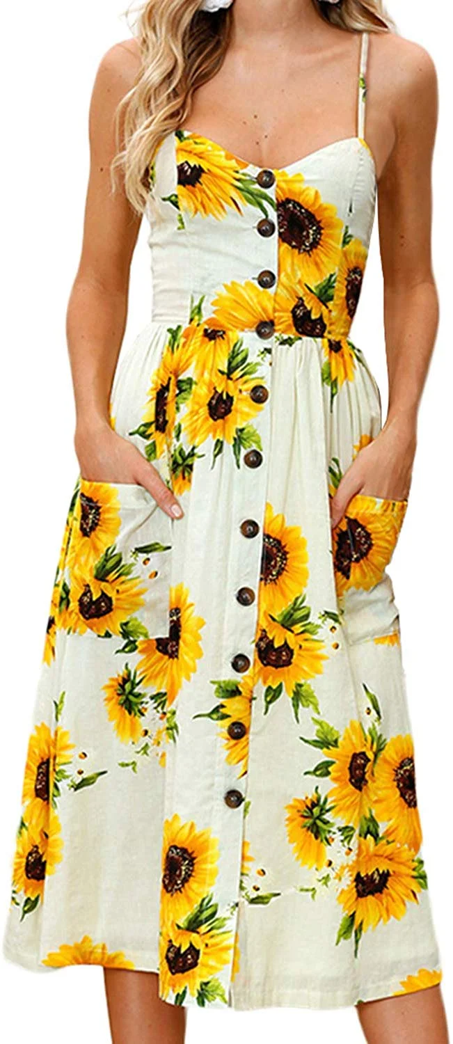 Pockets Midi Dress Summer Floral Backless Spaghetti Strap Button Down Midi Dress