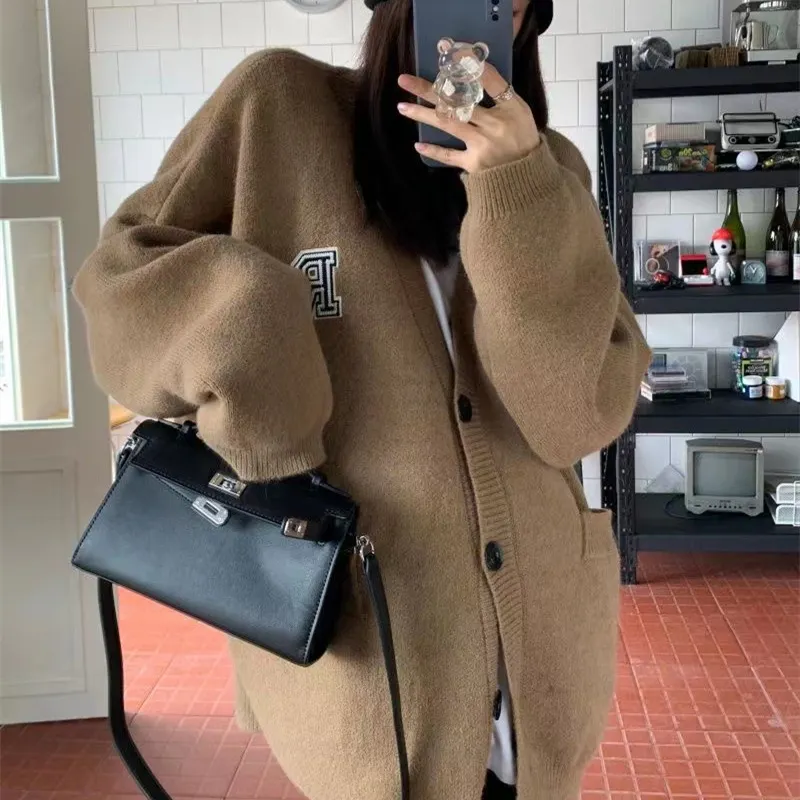 Churchf Churchf Wind Oversize Increase Thick Knit Letter Embroidered Sweater Coat Female Loose Autumn Winter Women's Clothing