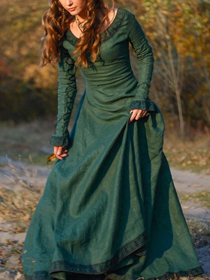 Vintage Medieval Long Sleeved Round Neck Slim Dress