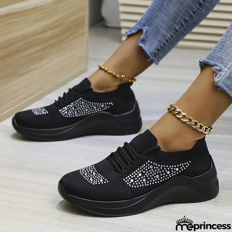 Lady Summer Trendy Solid Color Rhinestone Walking Sneakers