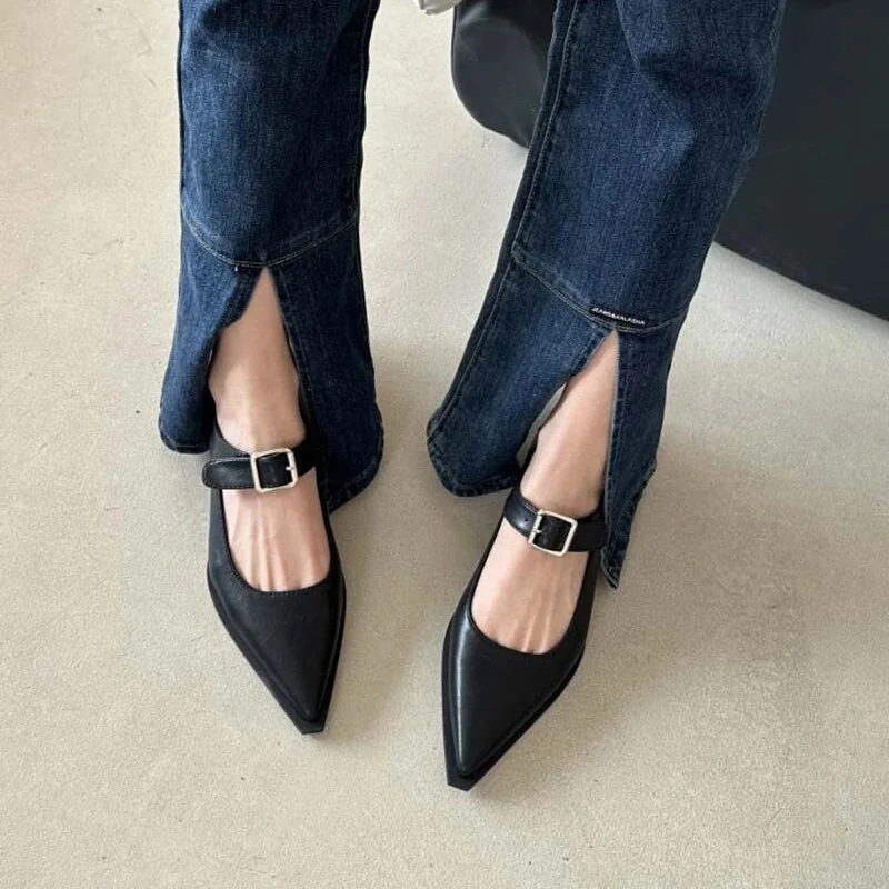 Canrulo Jane Shoes 2023 New Summer spring Pointed Toe Low Heel Women Shallow Single Pumps Women Fashion Buckle Shoes Vintage shoes