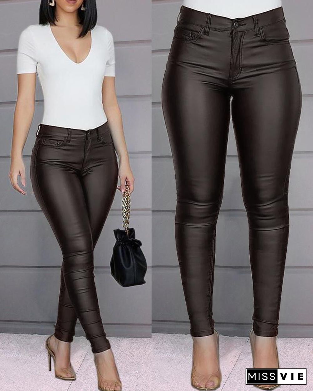 Solid Buttoned Casual Coated PU Pants P14927