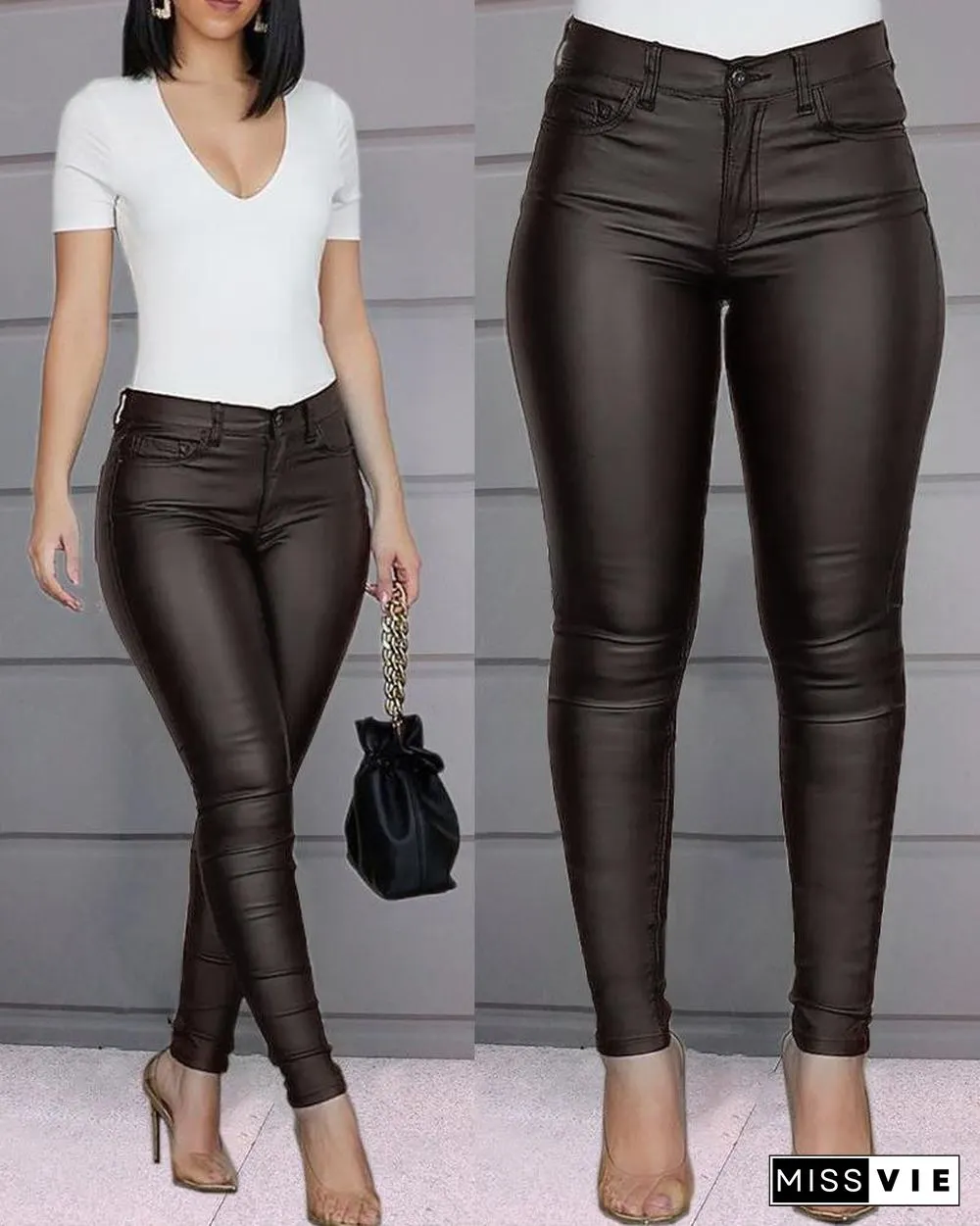 Solid Buttoned Casual Coated PU Pants P14927