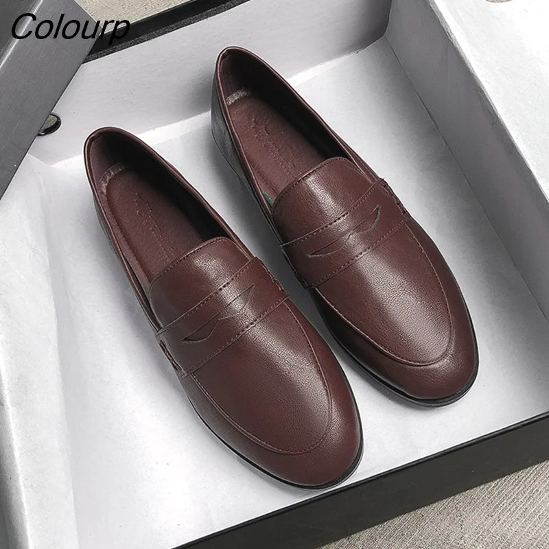 Colourp woman oxford shoes chunky heels loafers slip on brogues round toe all-match moccasins women leather derby shoes km98