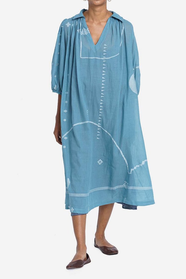 Linen Print Pleated V Neck Three Quarter Sleeve Casual Midi Dress[Pre Order]
