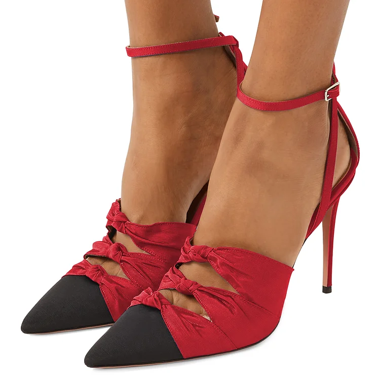 Red and Black Bows Stiletto Heel Ankle Strap Heels Pumps |FSJ Shoes