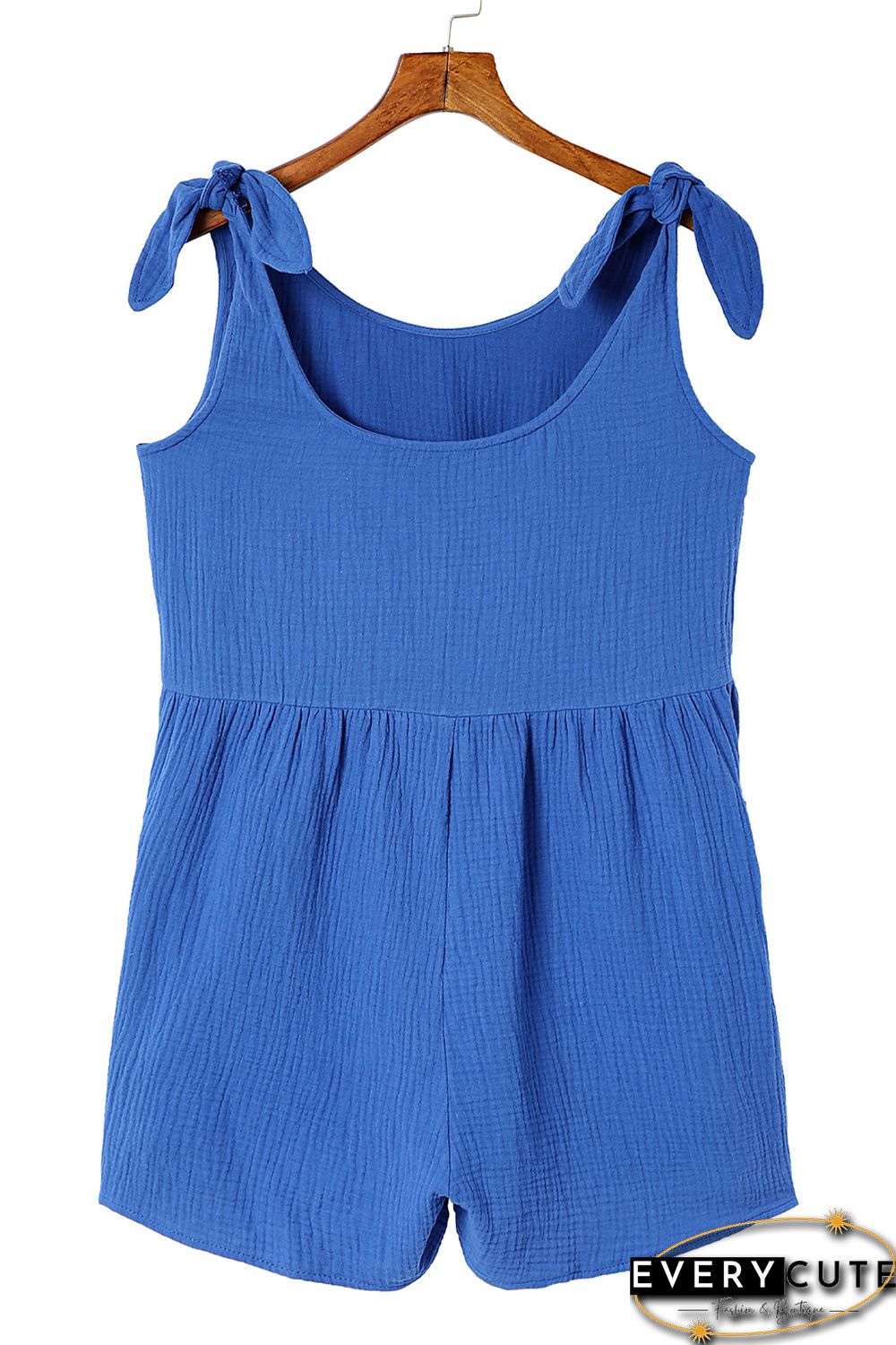 Blue Textured Knotted Straps High Waist Wide Leg Romper