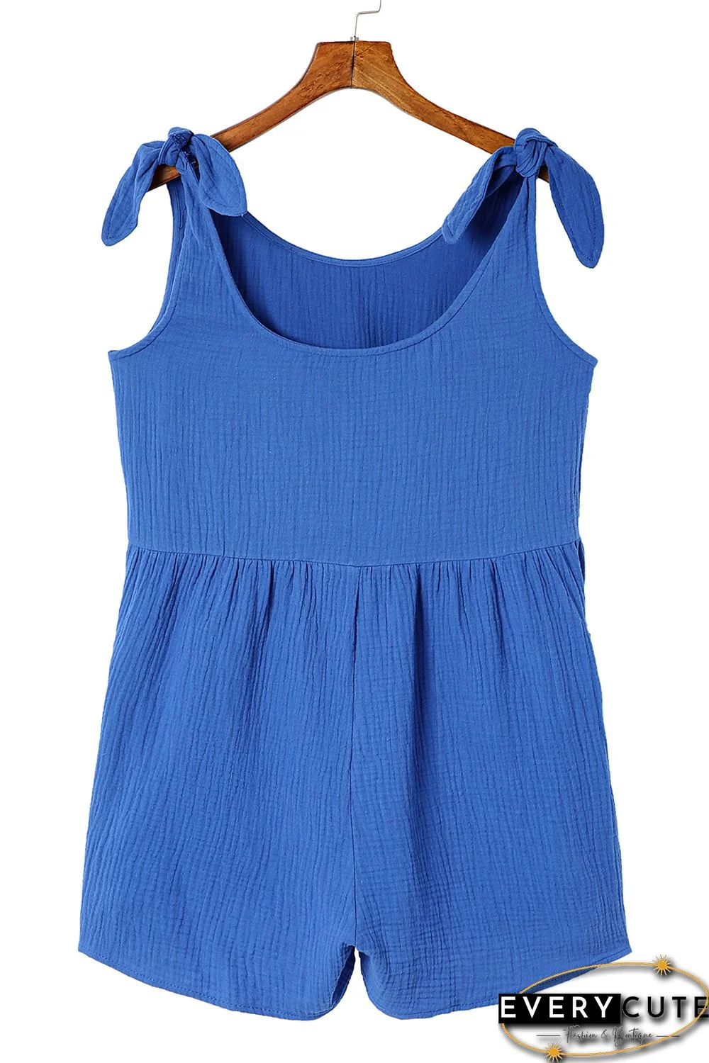 Blue Textured Knotted Straps High Waist Wide Leg Romper