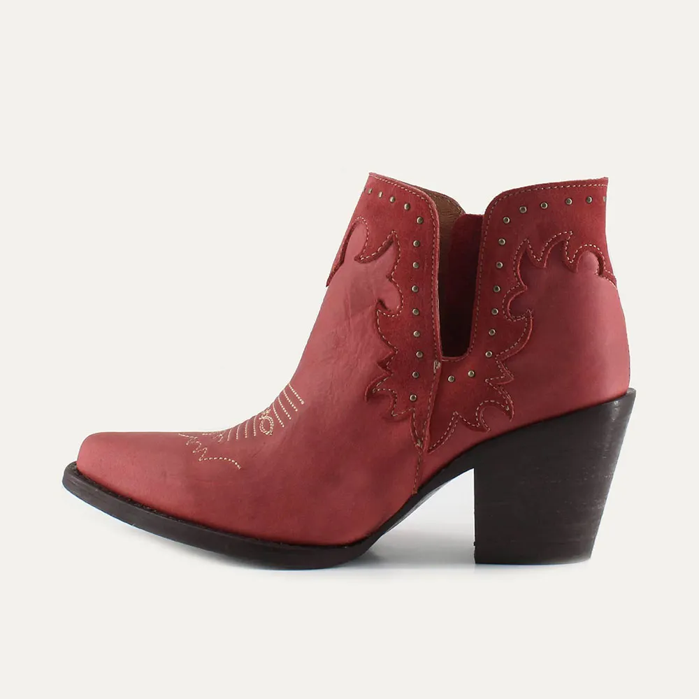 Red Snip Toe V-Cut Chunky Heel Studded Cowboy Boots for Women