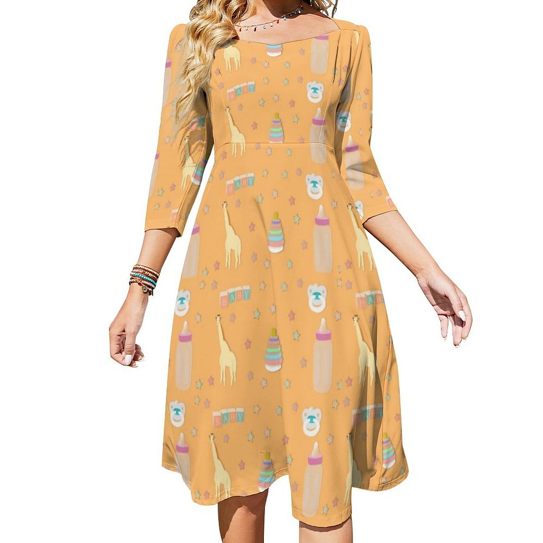 Abdl Baby4Life Adultbaby Dress Sweetheart Tie Back Flared 3/4 Sleeve Midi Dresses